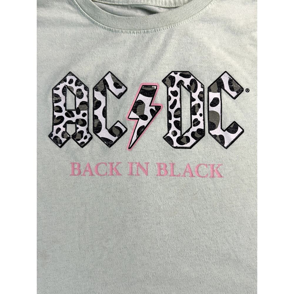 AC/DC Back In Black Girls Medium Graphic T Shirt Green Leopard Print Band Tee - Picture 3 of 8